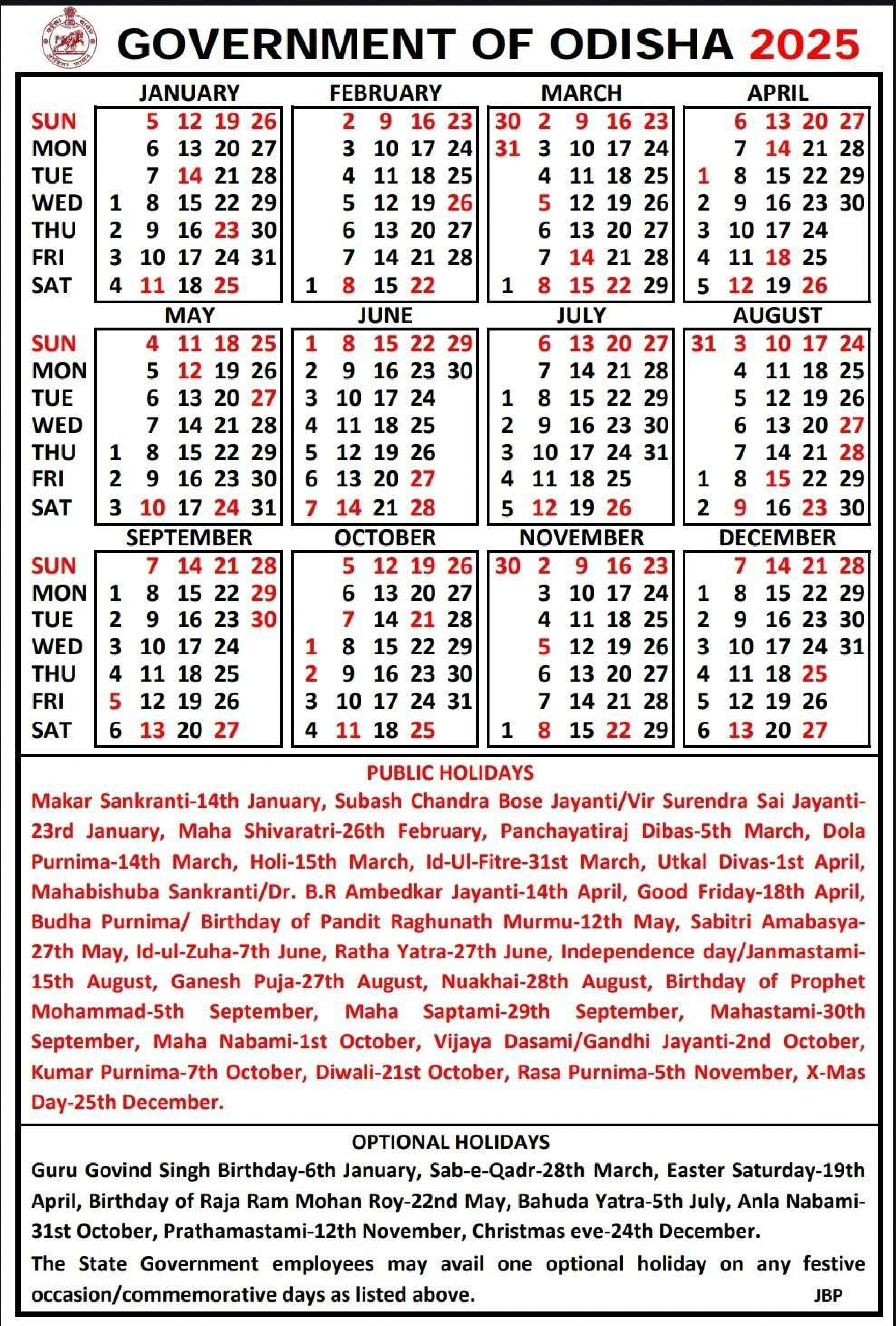 Odisha Government Calendar 2025