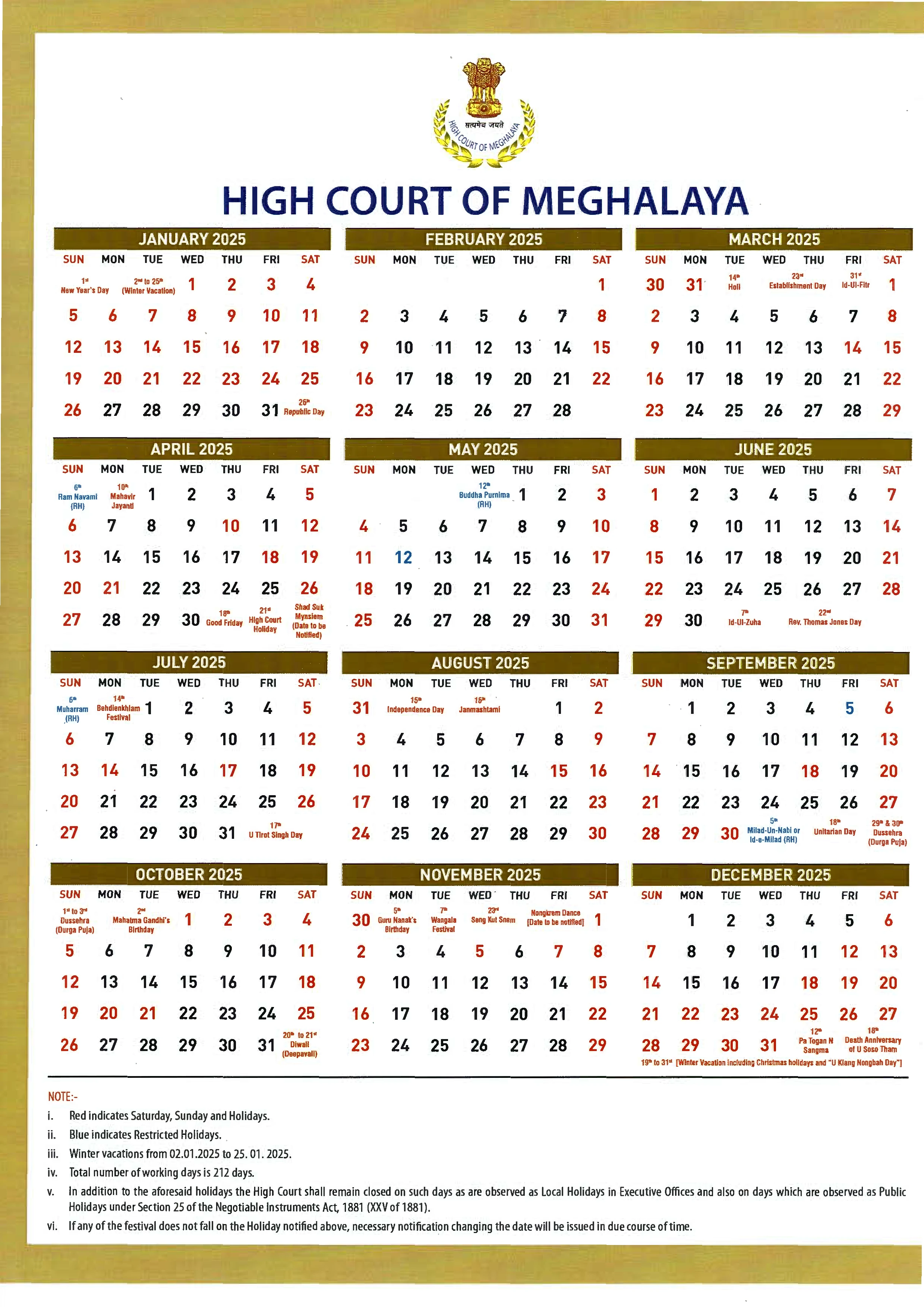 Meghalaya Government Calendar (Court)