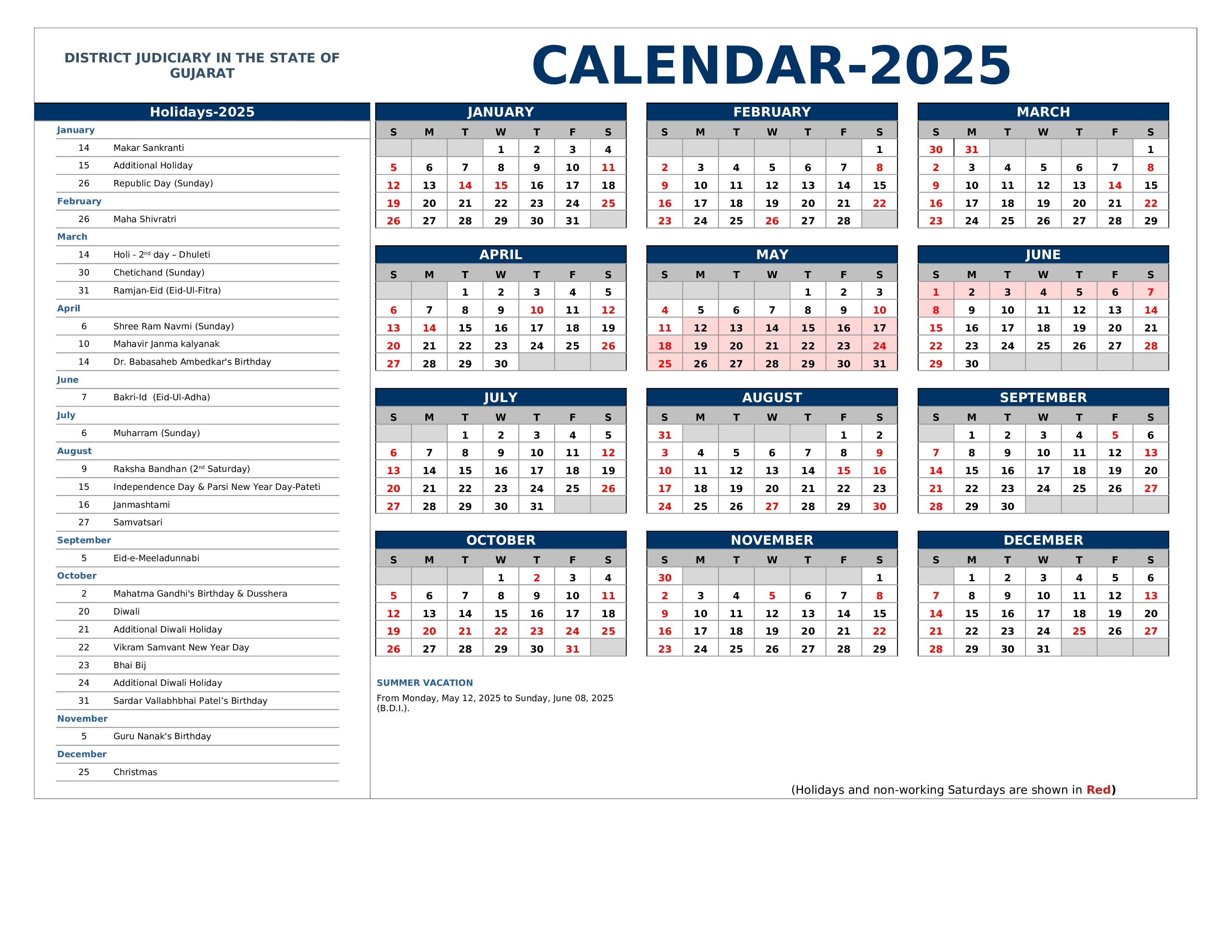 District Judiciary Calendar 2025
