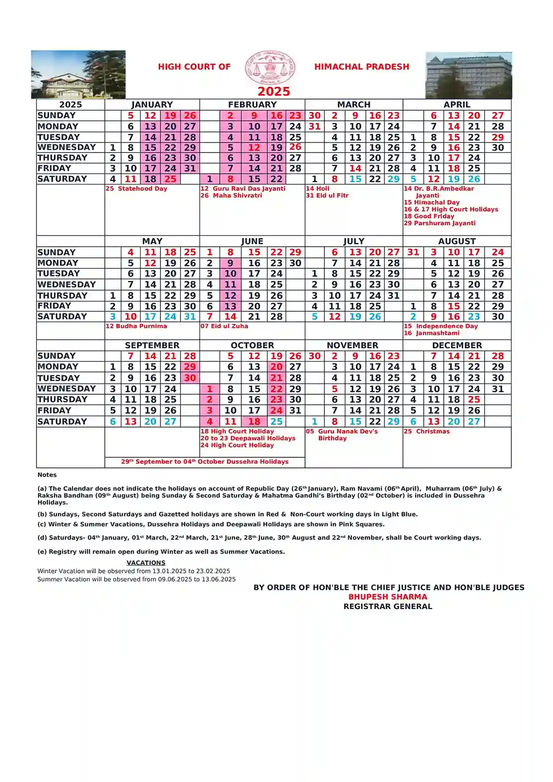 Himachal Pradesh High Court Calendar 2025